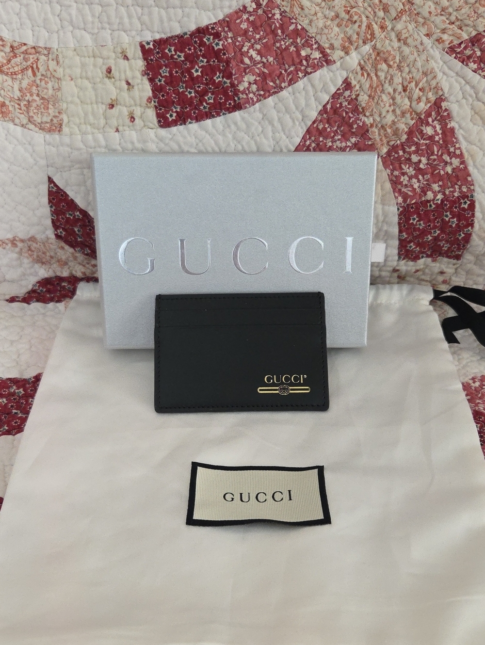 Gucci Black Leather Card Holder with Gold Logo Accent, box and dusty